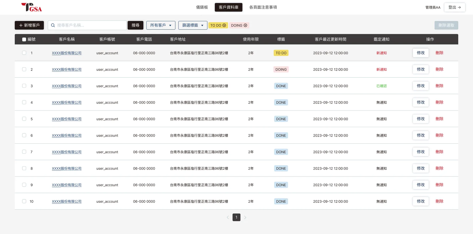 Client database page of the carbon inventory system