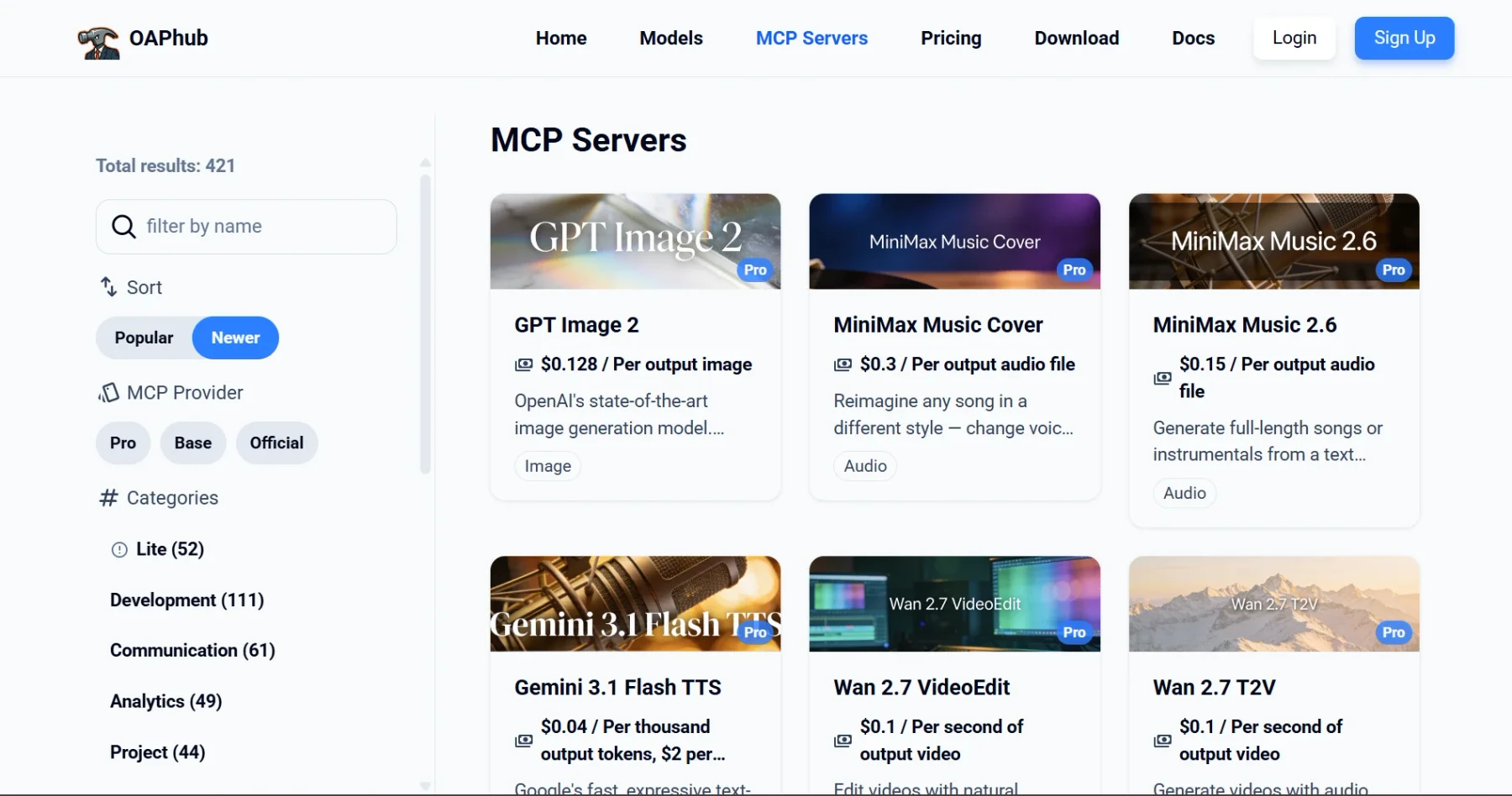 OAPhub’s MCP server list, filterable by category and provider