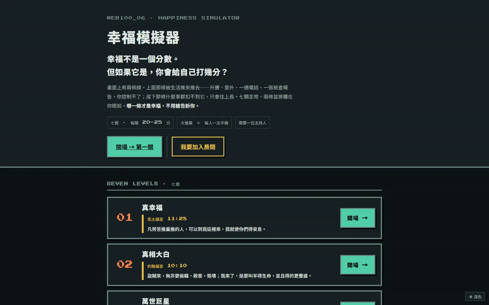 Happiness Simulator home page in pixel-art style, listing seven levels